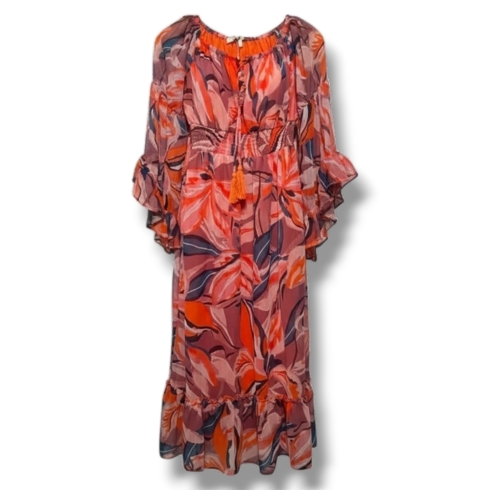 Blush Women's Retro Floral Tassel Tie Maxi Dress Smocked Waist Small​